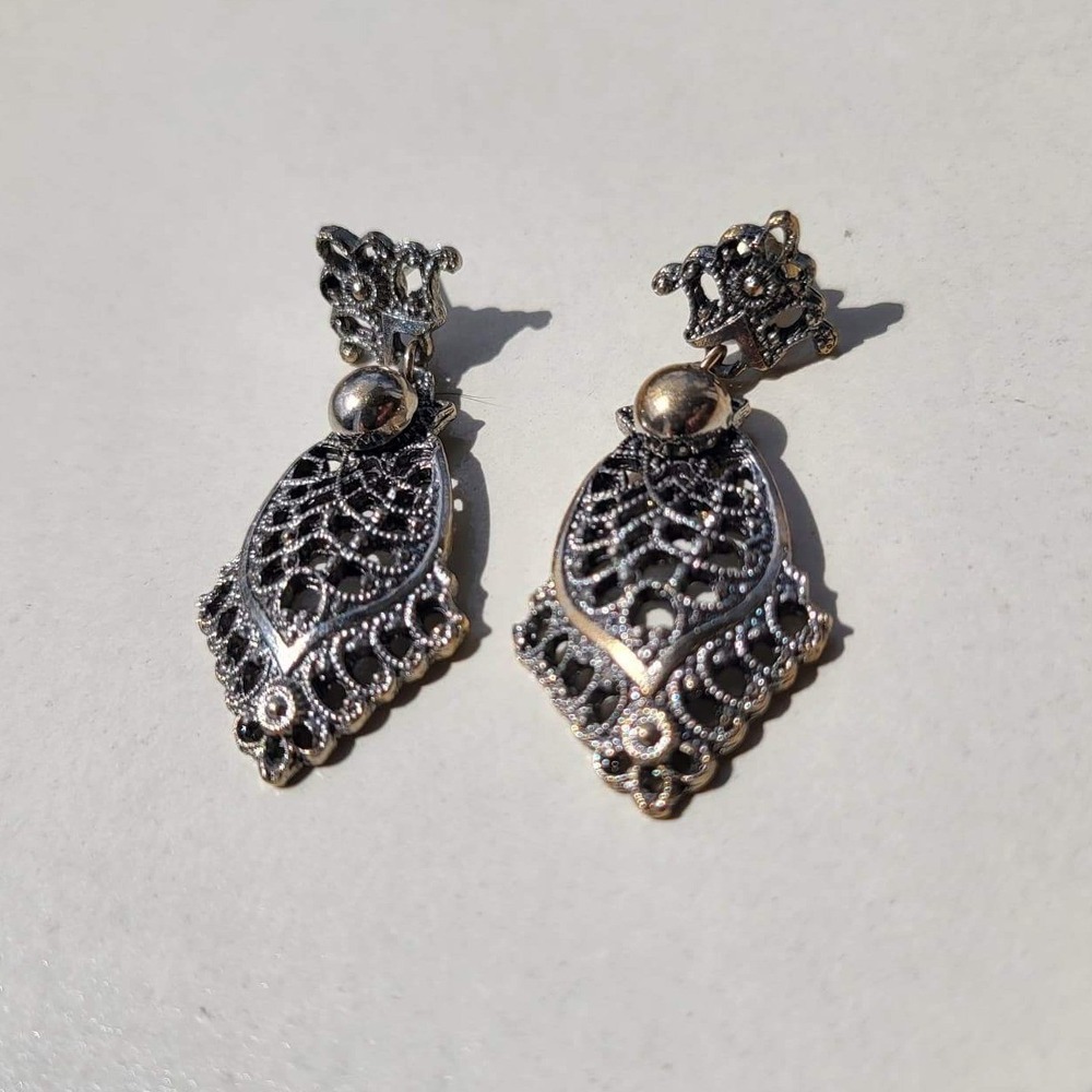 Vintage Filigree Drop Earrings Silver Gold Antiqued Ornate Dangle